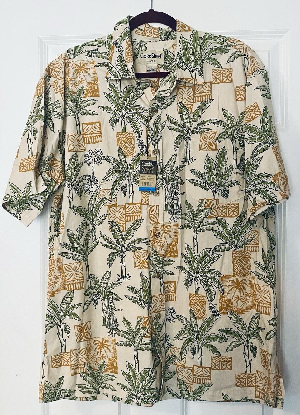 Cooke Street Hawaiian Button Up Shirt Palm Trees, Hula, Size Large NEW WITH TAGS